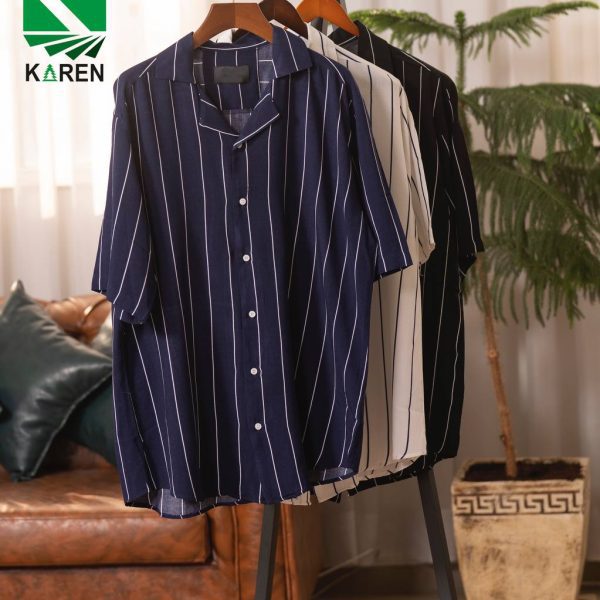 پیراهن سایز بزرگ یقه کوبایی ( راه راه ریز ) - کد 237