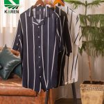 پیراهن سایز بزرگ یقه کوبایی ( راه راه درشت ) - کد 238